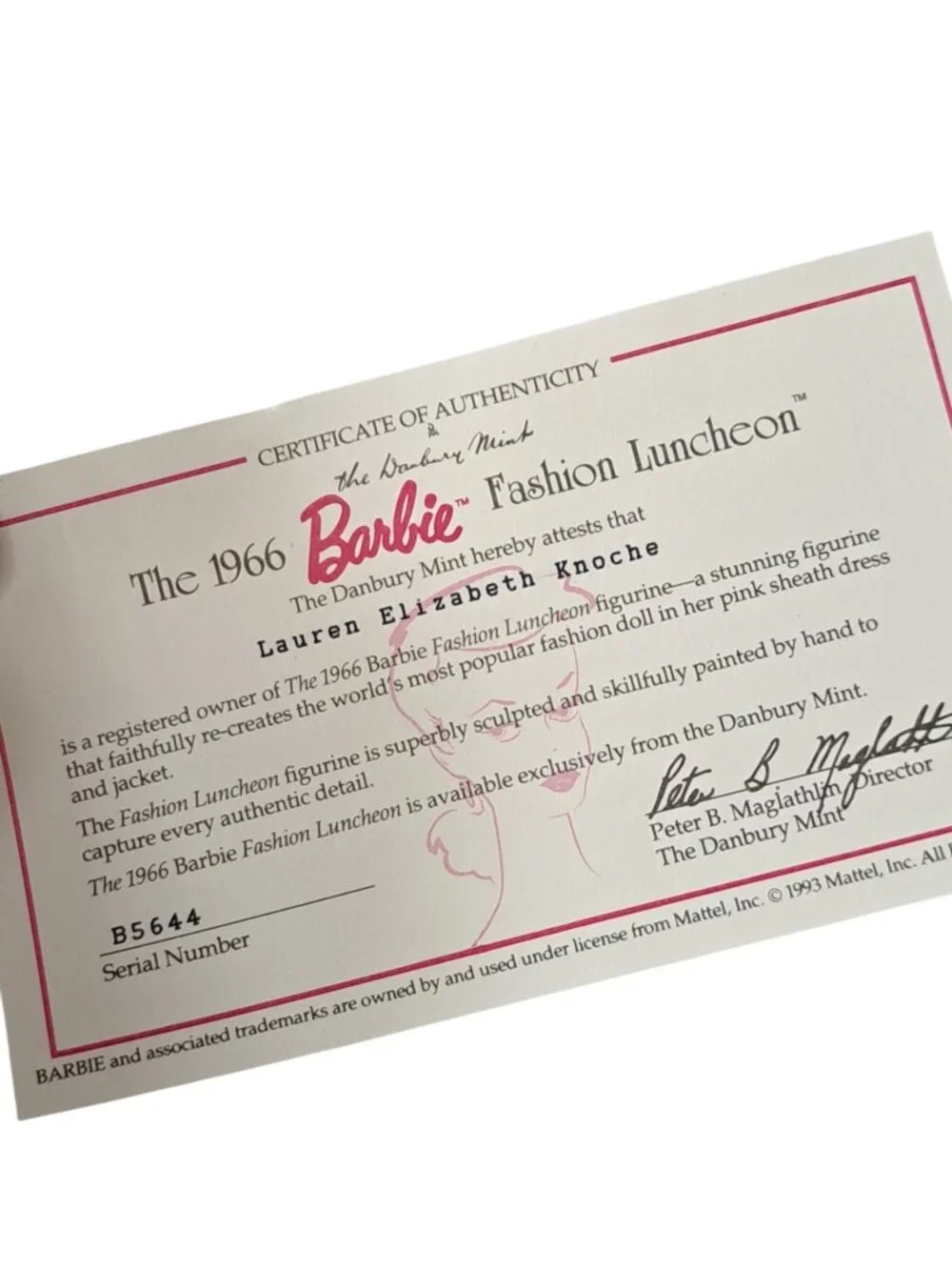 Danbury Mint - 1966 Barbie Fashion Luncheon Figure with stand and Certificate